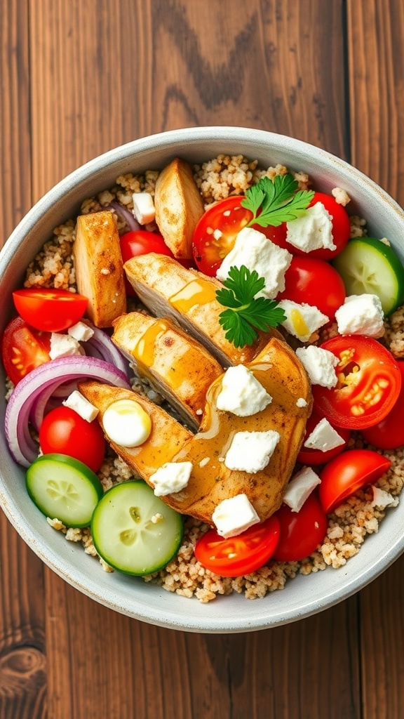 A colorful quinoa chicken Greek bowl with grilled chicken, tomatoes, cucumber, red onion, and feta cheese on a rustic table.